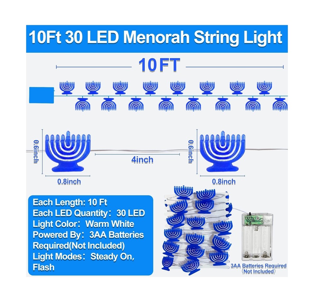TURNMEON [Timer 10 Ft 30 LED Hanukkah Decorations Lights Menorah String Light...