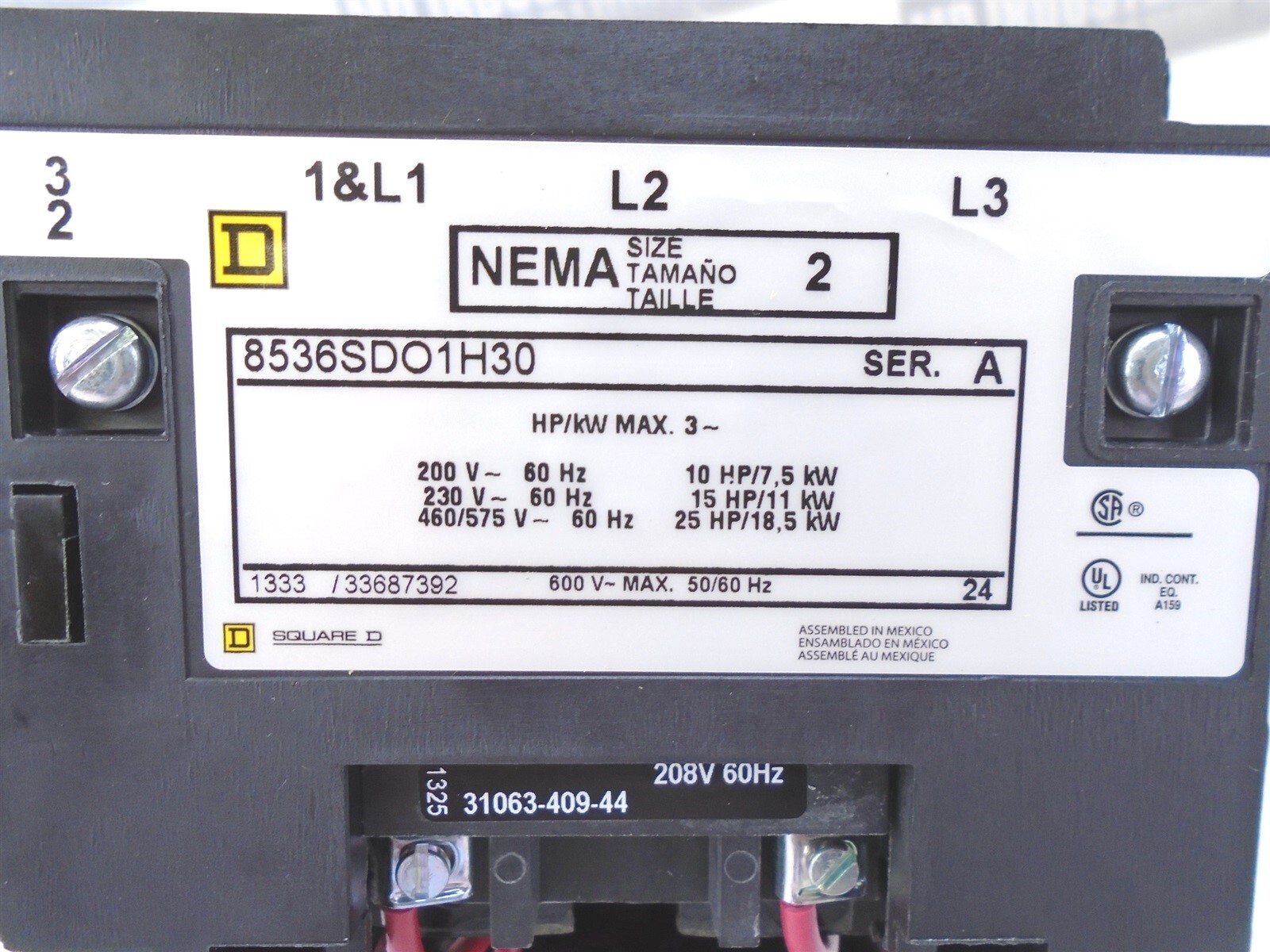 SQUARE D - 8536SDO1V08H30 - MOTOR STARTER - 45A, SZ-2, 25hp@460, 208V Coil