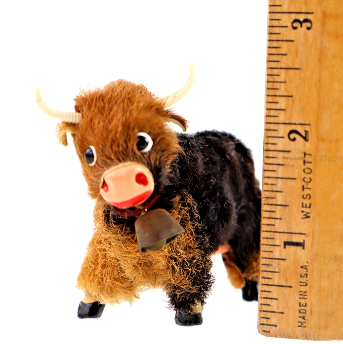 vintage Original Fur Toys miniature Cow Bull figure w/ tags bell W. Germany 3"