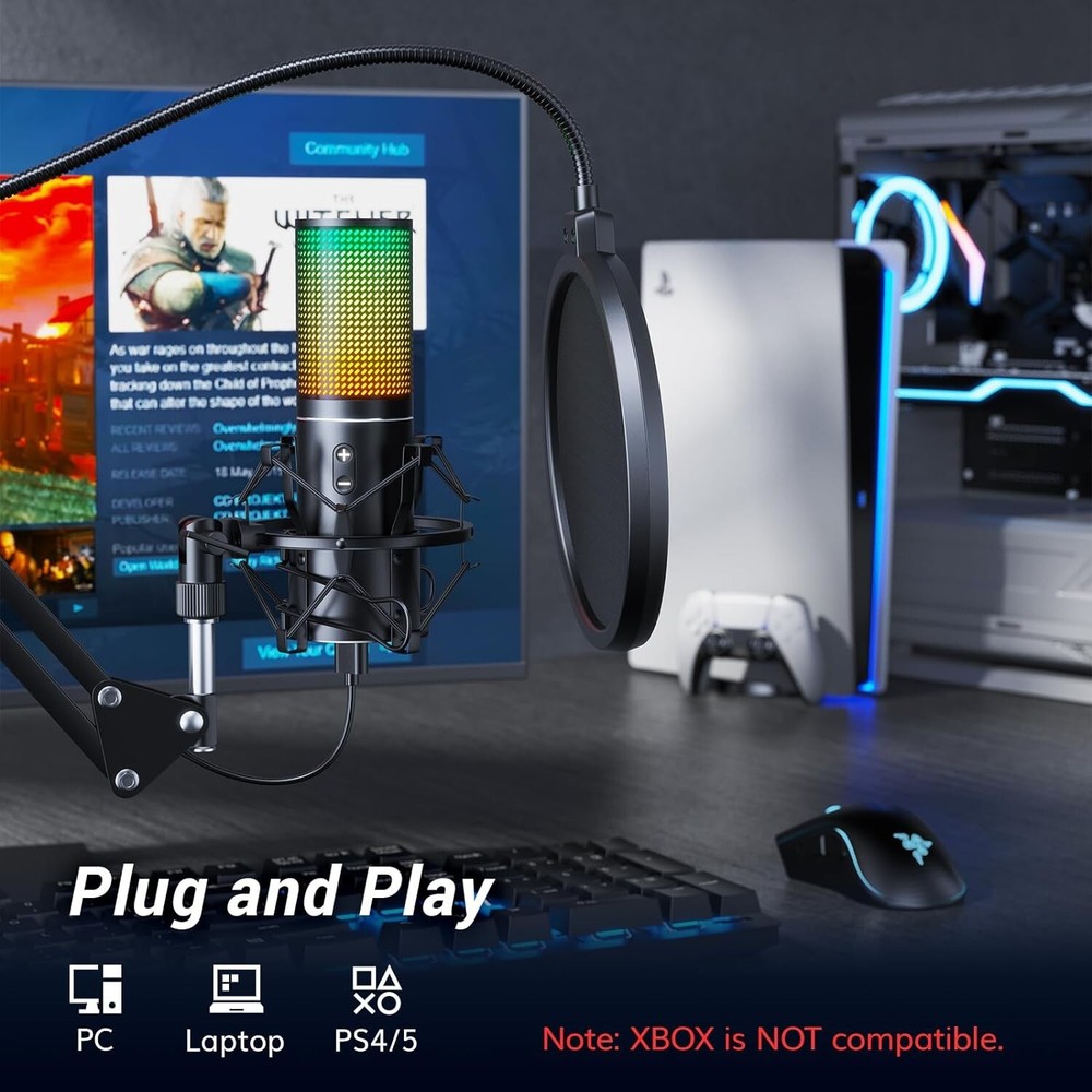 RGB Gaming Mic - USB PC Microphone with Adjustable Boom Arm - Quick Mute Button