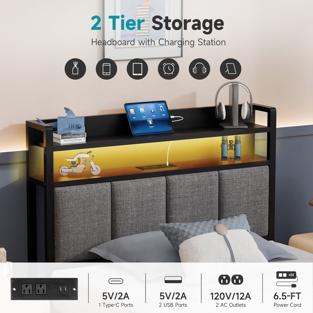 Storage Metal Platform Bed Frames with LED Light, Twin