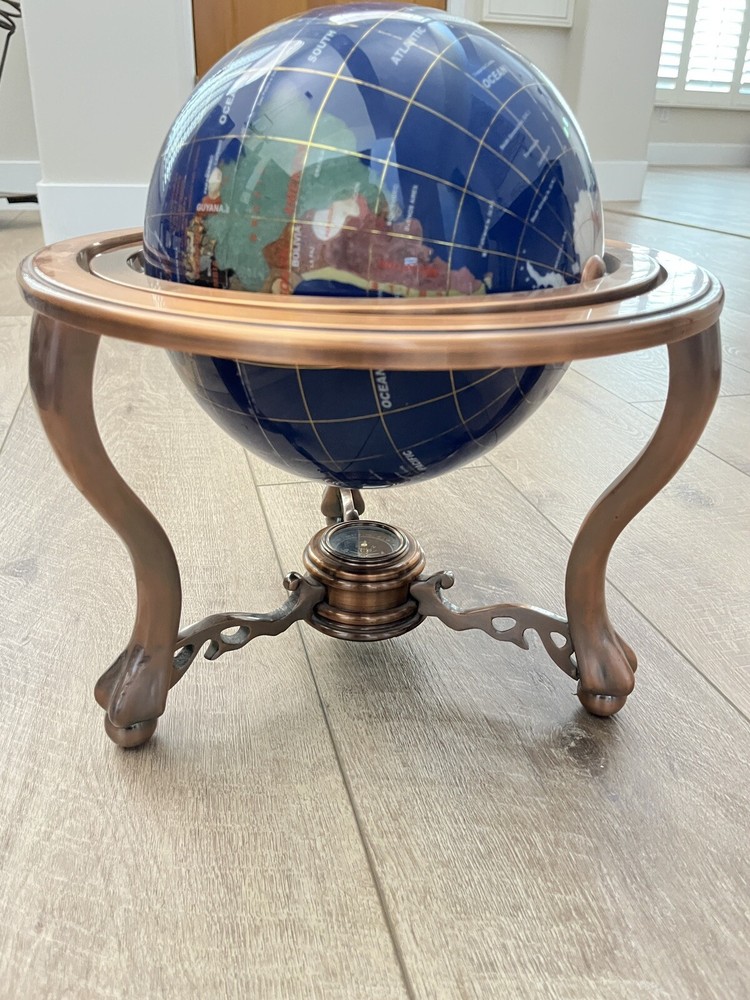 Blue Lapis Rotating Globe Precious Inlaid Stone Solid Brass w/ Compass