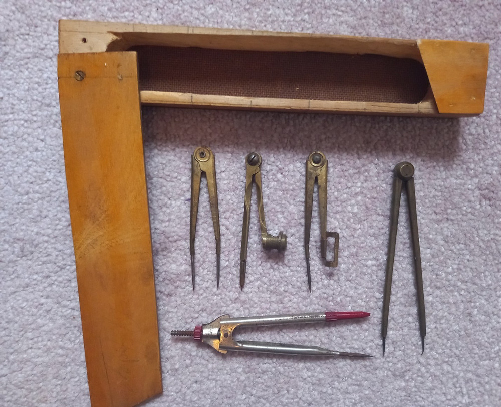 Assorted Vintage Technical Drawing Instruments in Wooden Box
