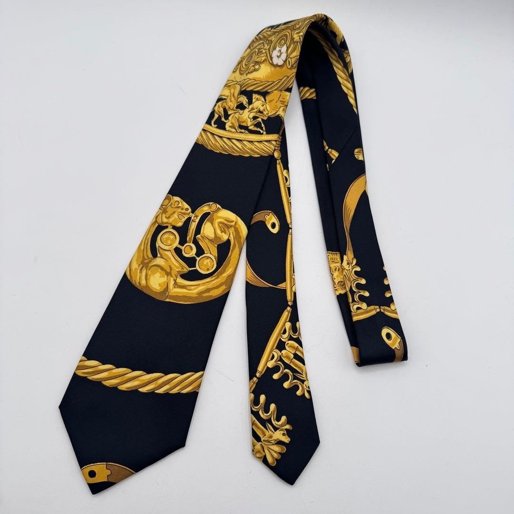 Hermes Necktie Silk Black Gold Baroque Pattern Used