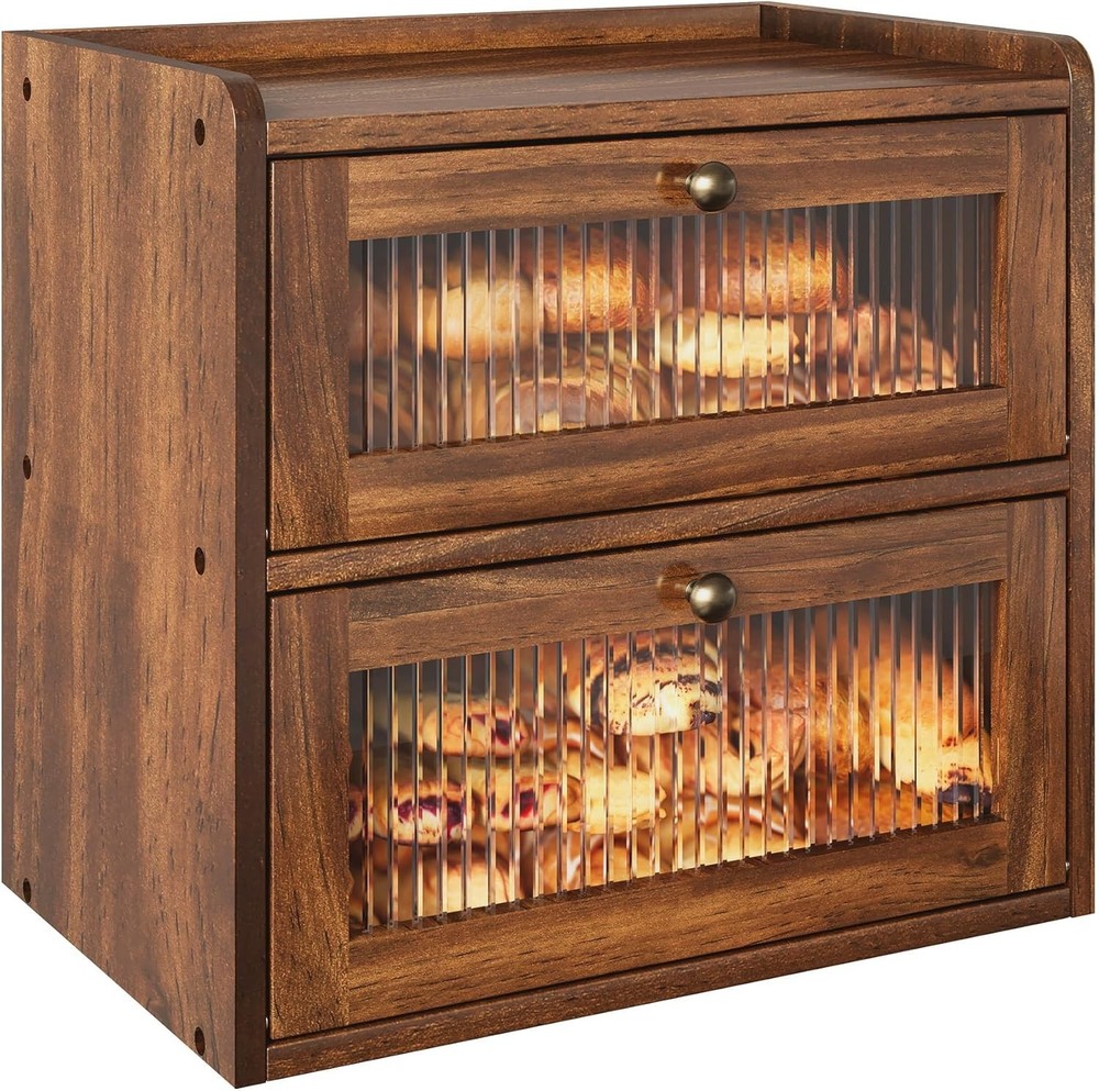 Double Layer Large Bread Box for Kitchen Counter, Wooden Corner Bread Storage Co