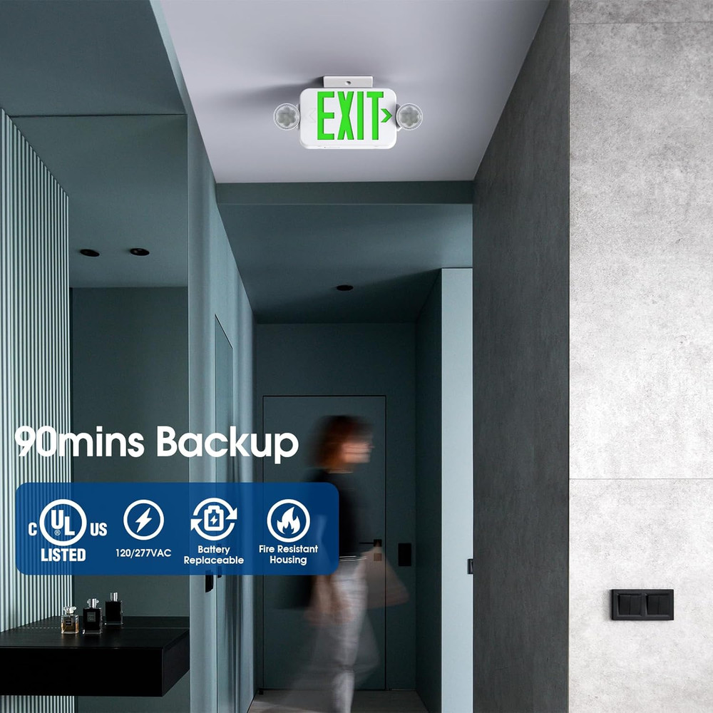 Green Led Exit Sign Emergency Light Combo Adjustable Two Head, Double Sided and