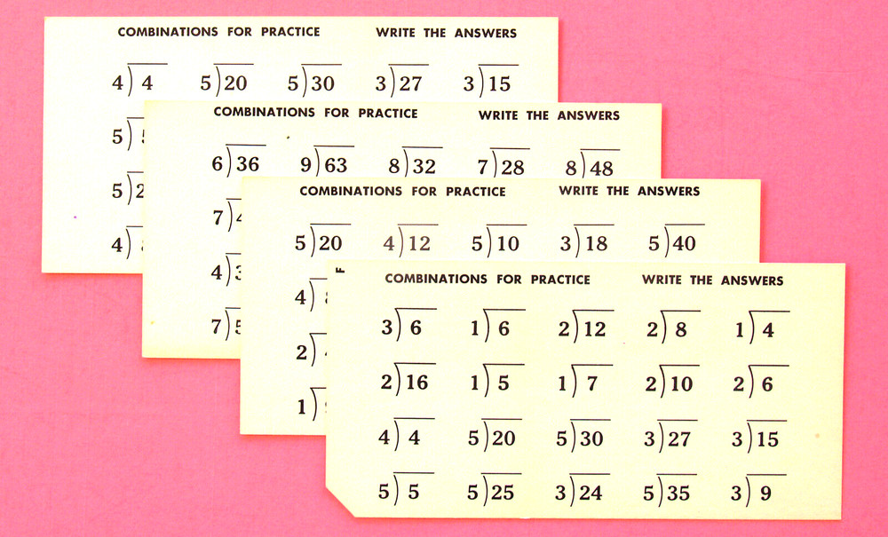 3 MATH FLASH CARDS—SUBTRACT + DIVISION—BASIC FACTS—COLORFUL—STORAGE BOXES