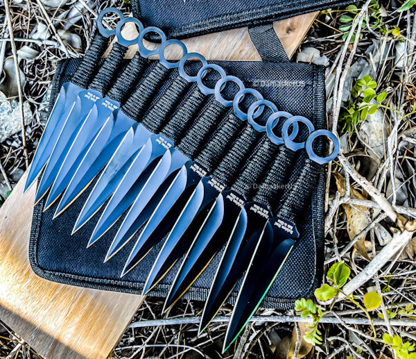 12pc Black Ninja Throwing Knife Set Hunting Combat Naruto Kunai Knives +Sheath