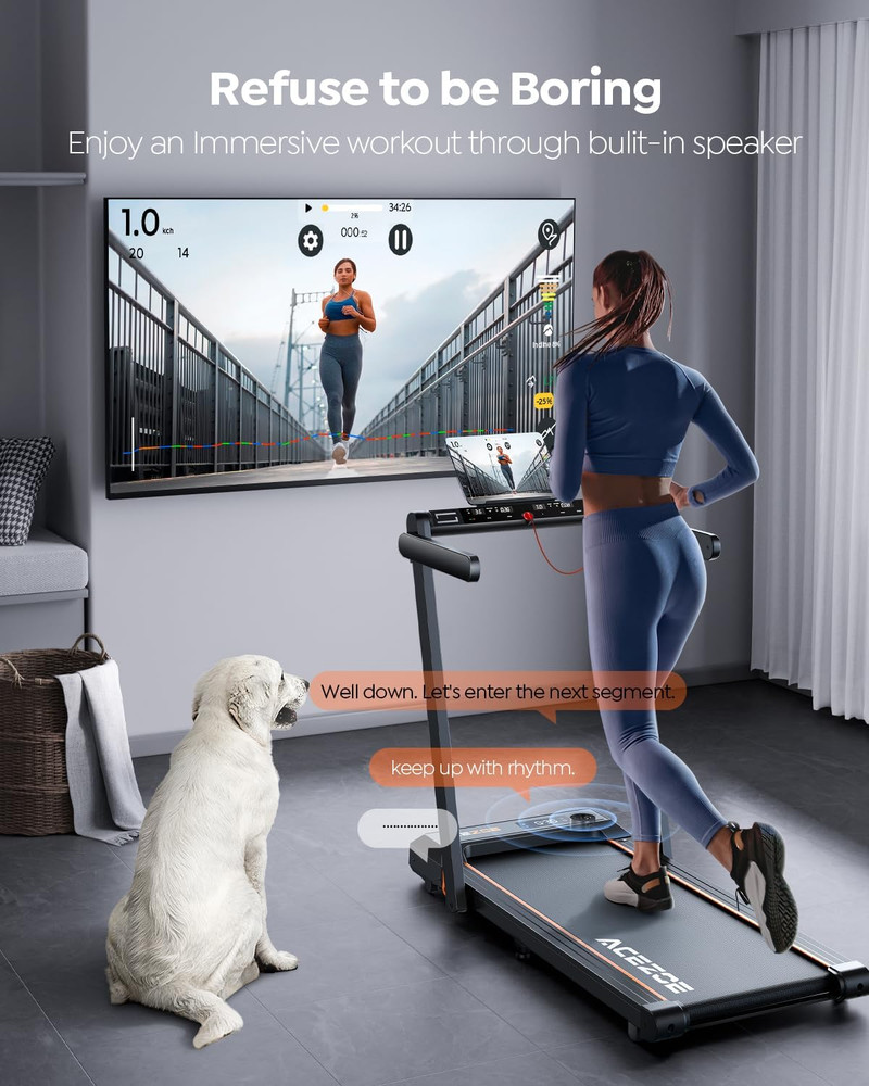 Compact 2-in-1 Folding Treadmill with Handle, 300Lbs Capacity, Smart Apps