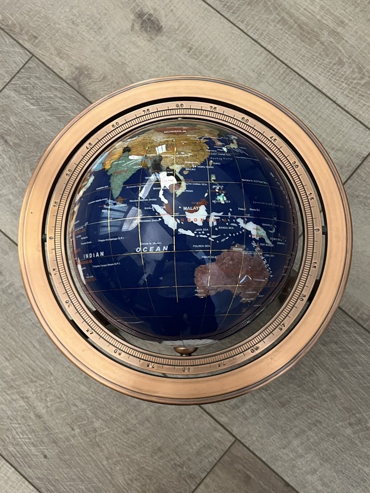 Blue Lapis Rotating Globe Precious Inlaid Stone Solid Brass w/ Compass
