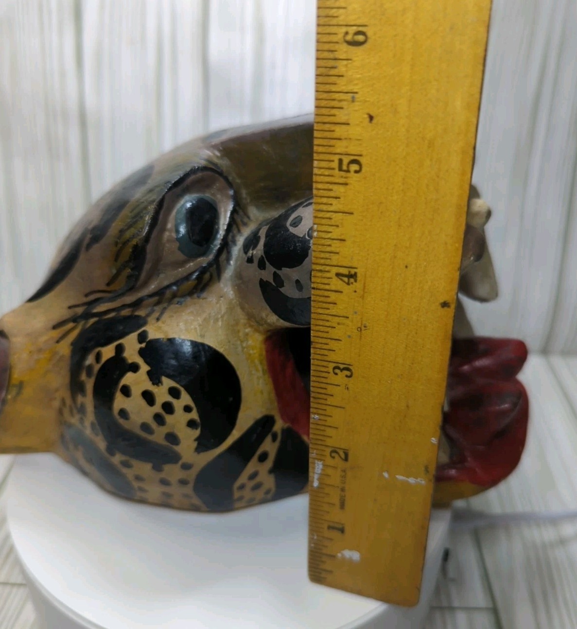 Mexican Nahua Folk Art Guerrero Carved Wood Cat Jaguar Animal Head