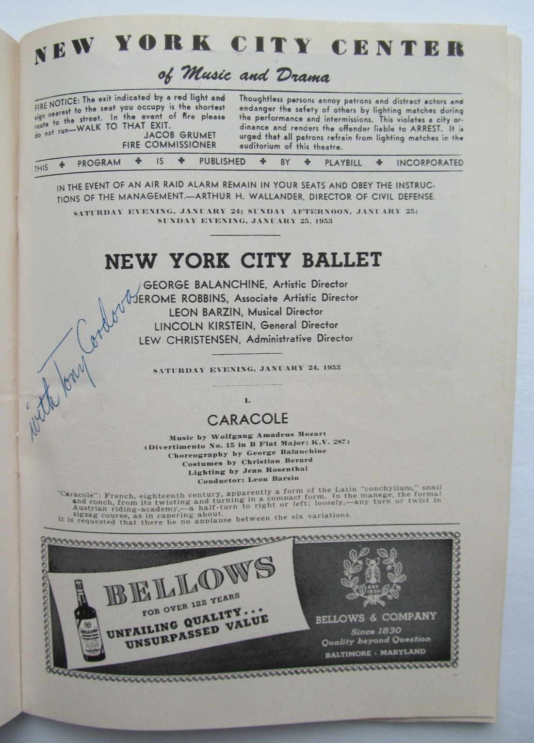 New York City Ballet Program - 1953 - Tallchief, Le Clercq, Balanchine, Robbins