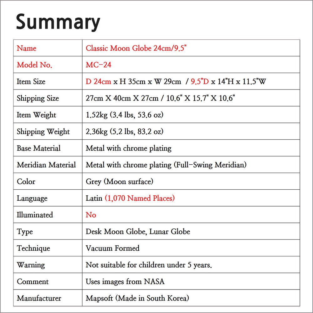 Mapsoft Classic Moon Globe, Lunar Globe, 24cm/9.5" MC-24, Lunar Globe, Moon Map