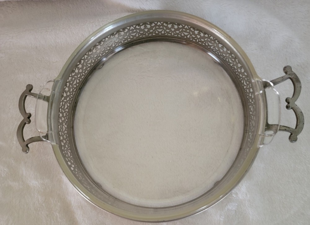 Vintage Royal Rochester Silverplate Serving Cradle w handles & Pyrex Mid-century
