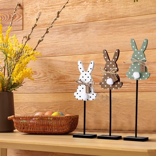 3 Pcs Easter Bunny Table Decorations Wooden Bunny Tabletop Decor Rustic Dot