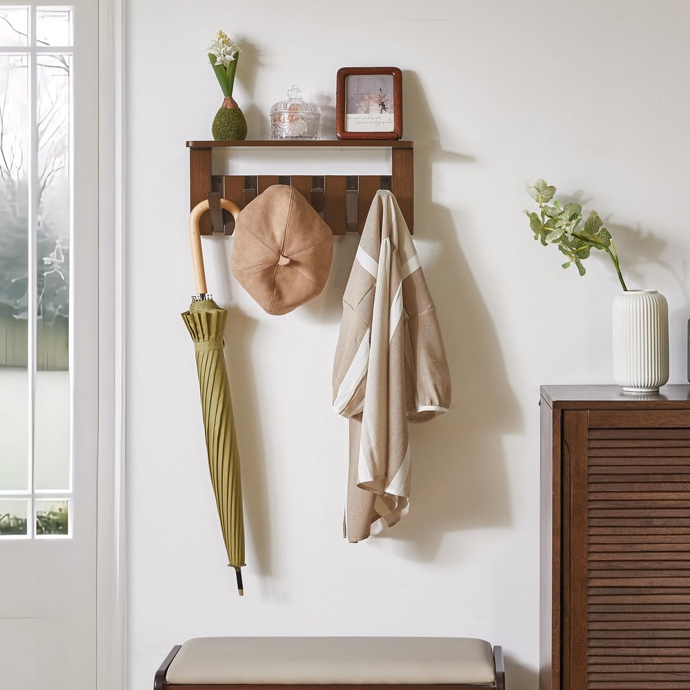 Coat Rack Wall Mount with Shelf, 2 Pack Wall Shelf with Retractable Hooks, Wo...
