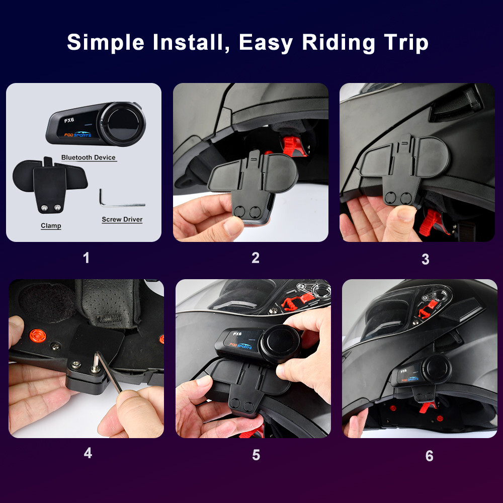 4x FX6 Motorcycle Bluetooth Headset Helmet Intercom 6 Riders Group Communication