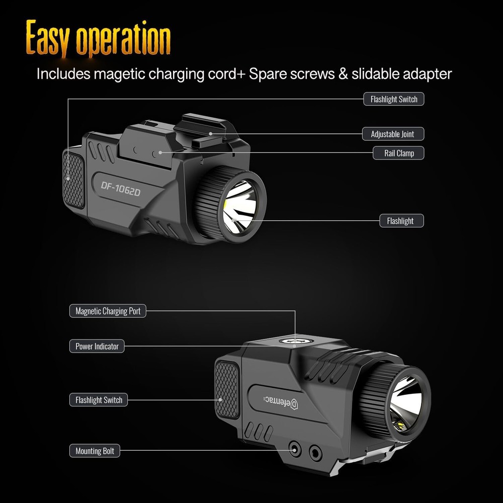 DEFENTAC 800lm Flashlight Weapon Light with Strobe Function LED for Gun Pistol
