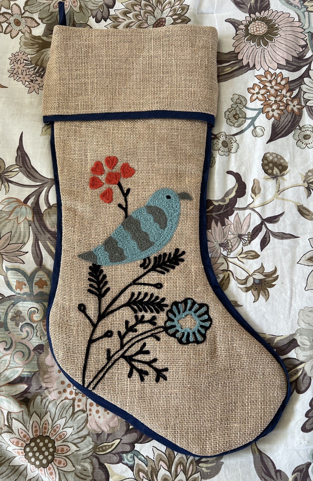 ARCADIA HOME CHRISTMAS STOCKING 100% JUTE EMBROIDERED BLUE BIRD AND FLOWERS