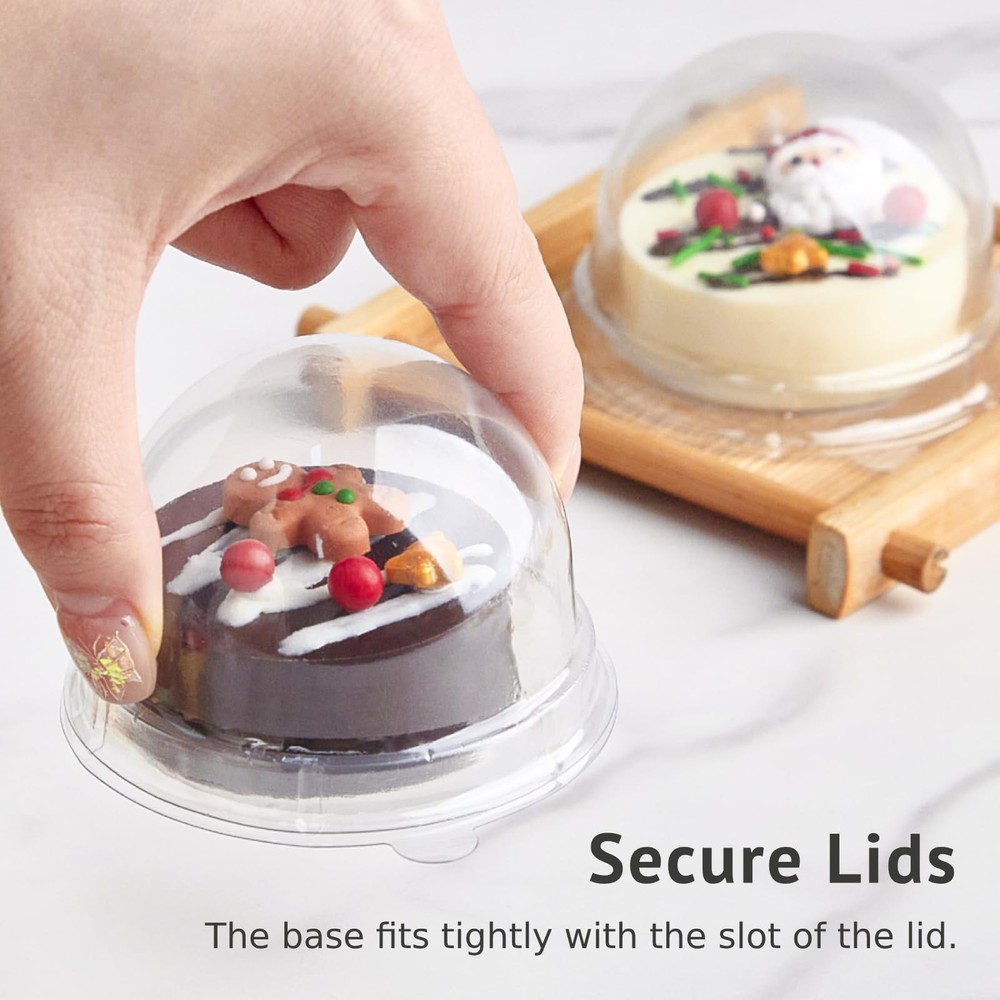 50 Pack Mini Cake Containers, Clear Plastic Small Cupcake Boxes with Dome Lid...