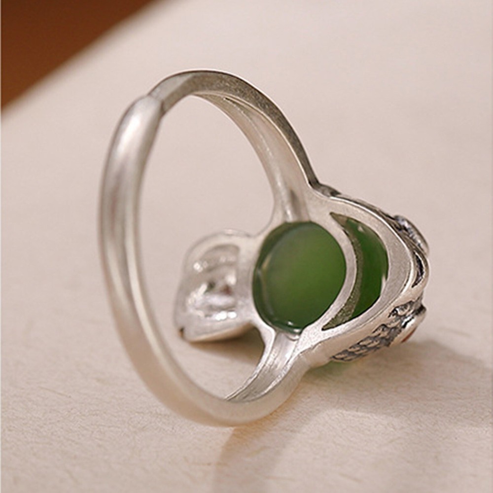Silver Natural Nephrite Jade Jasper Luck Zircon Fish Ring