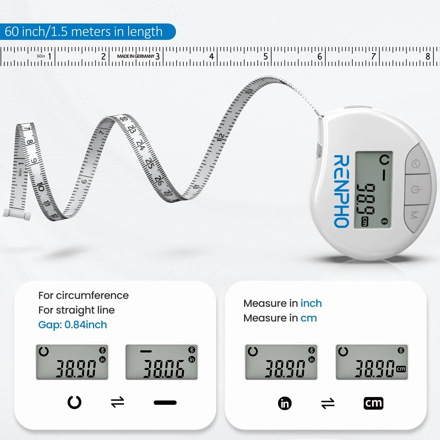 RENPHO Smart Tape Measure Body Measuring Tape for Weight Loss Bluetooth Tape US