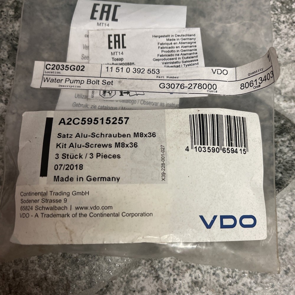 Vdo A2C59515257 Water Pump Screw Kit