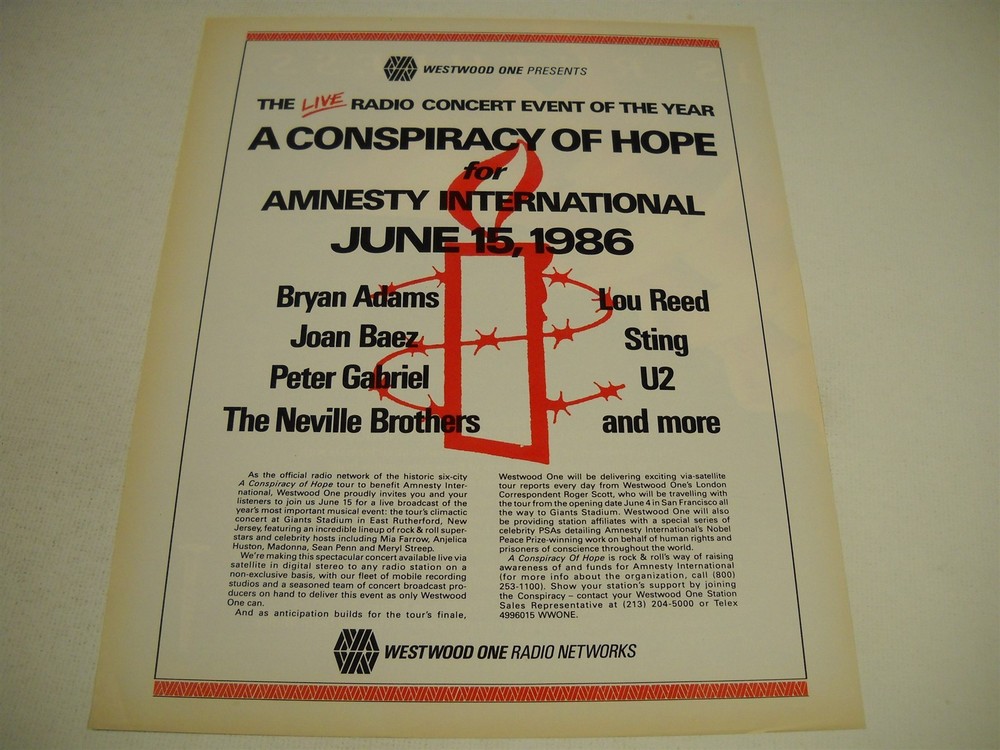 AMNESTY INTERNATIONAL 1986 Promo Display Ad BRYAN ADAMS Peter Gabriel JOAN BAEZ