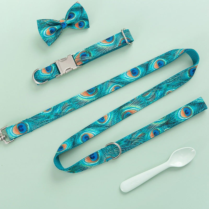 Peacock Print Collar, Leash, & Bow Set