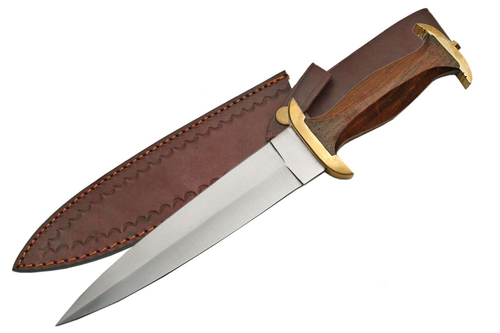 Dagger | 15" Fixed-Blade Wood Brass Handle Stainless Blade + Leather Sheath