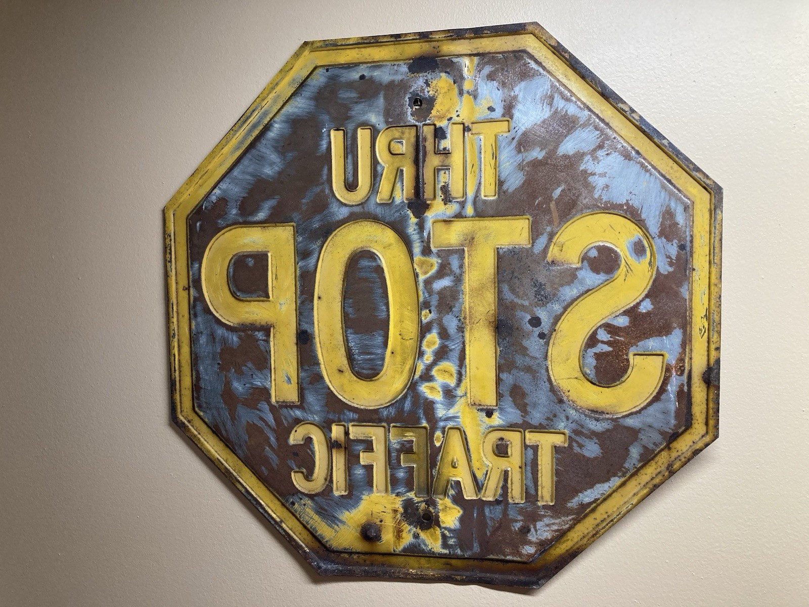 Vintage Yellow Stop Sign Embossed 24"x24" Art Deco 1930 Era