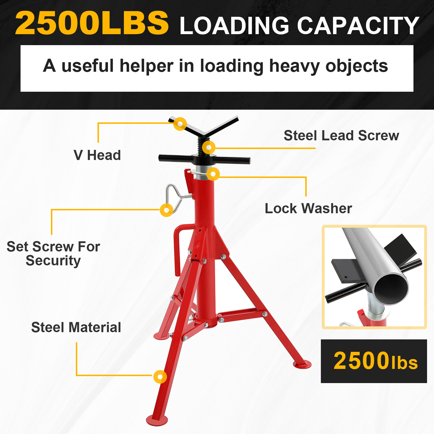 V-Head Pipe Stand Folding Tripod Jack 28"-52" Height 12" Pipe 2500LB Steel Red