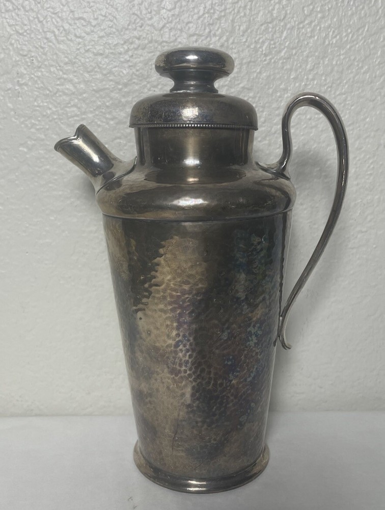 Antique MERIDEN Silver Plate Hammered 10" Cocktail Shaker Pitcher