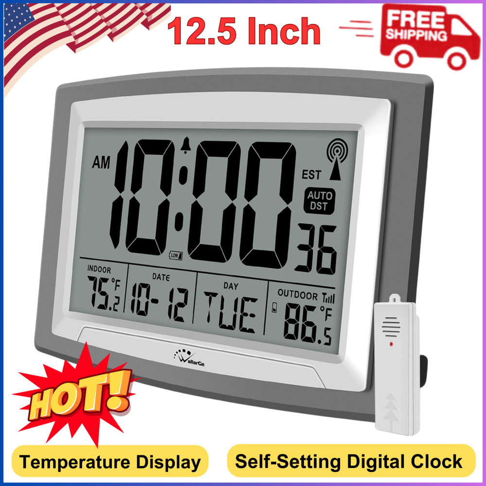 Atomic Clock with Indoor Outdoor Temperature, Self-Setting Digital Wall Clock