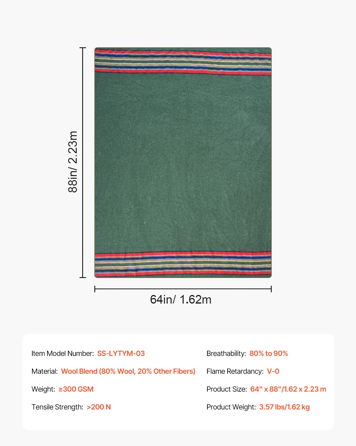 VEVOR Wool Camping Blanket 64" x 88" Warm for Camping Hiking Travel Texture