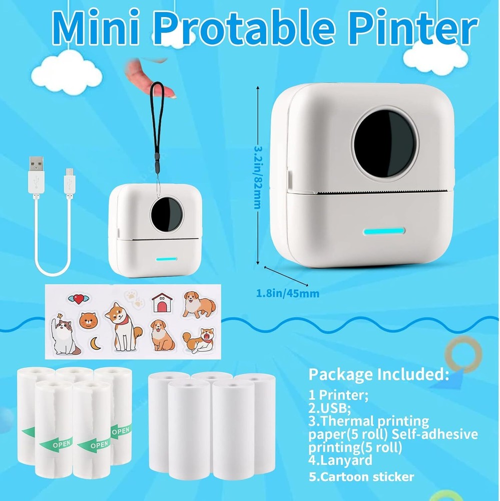 Mini Sticker Printer - Bluetooth Smart Pocket Inkless Thermal Printer w/10 Rolls