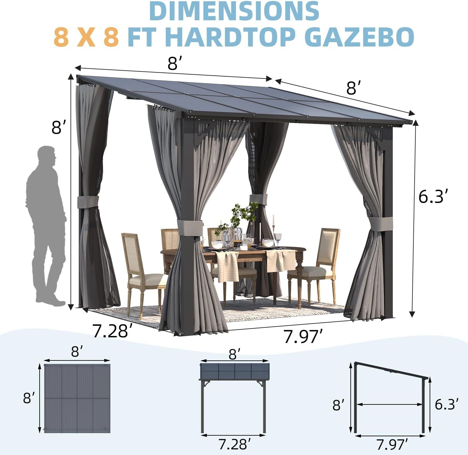Gazebo for Patio, Wall-Mounted Lean to Pergola Gazebo with Curtains and Netting