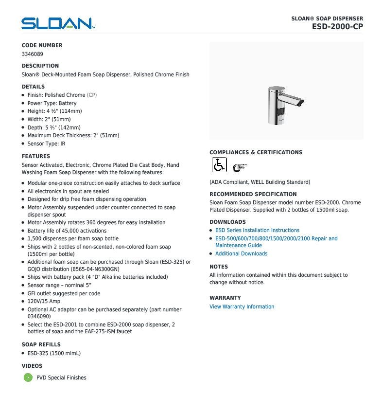 Sloan ESD-2000-CP Chrome Counter Mounted Automatic Soap Dispenser