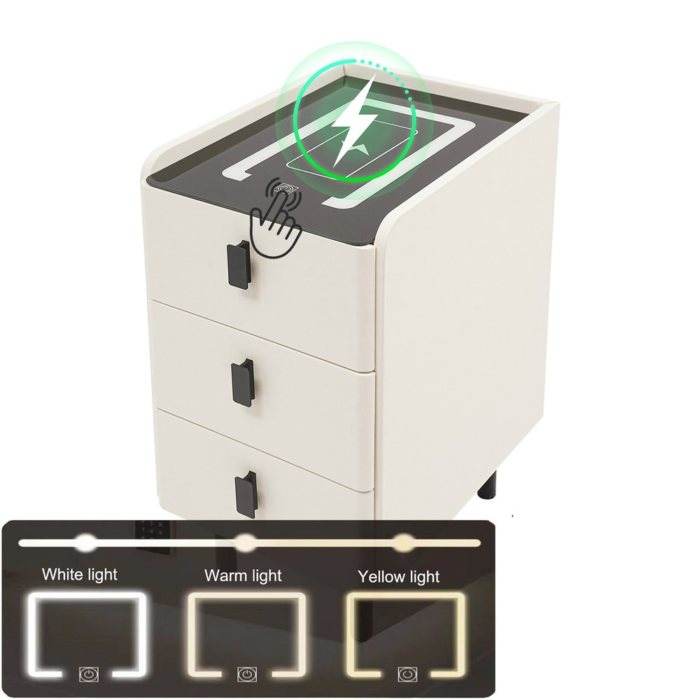 3 Drawers Smart Bedside Table Nightstand With LED Light+Wireless Charging+USB