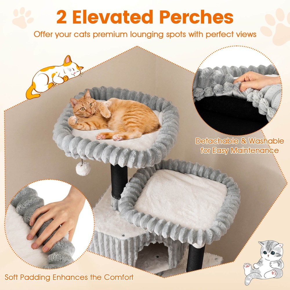 Large Multi-level Cat Tree w/2 Condos, 2 Perch Beds, Scratching Posts, Balls