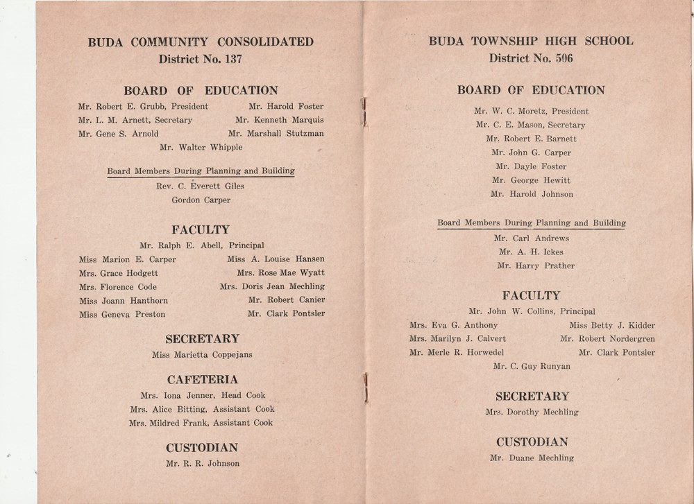 1957 PROGRAM - BUDA HIGH & GRADE SCHOOLS - DEDICATION & OPEN HOUSE - ILLINOIS