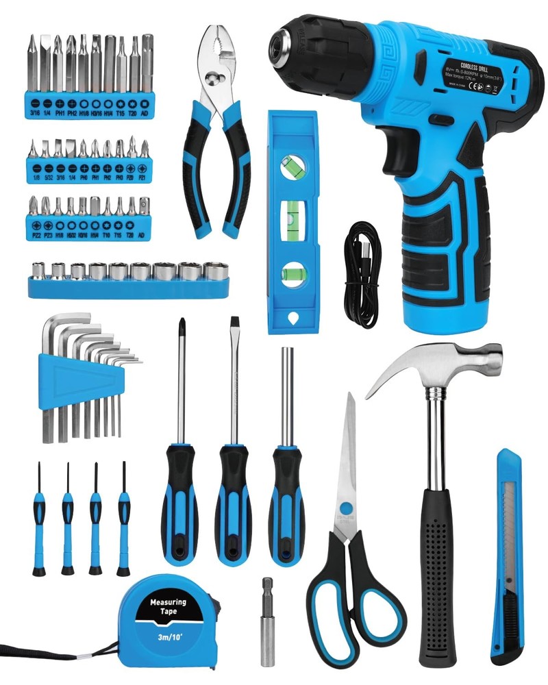 139-Piece Tool Set - Kit with 8V Cordless Drill Driver in ToolBox Blue