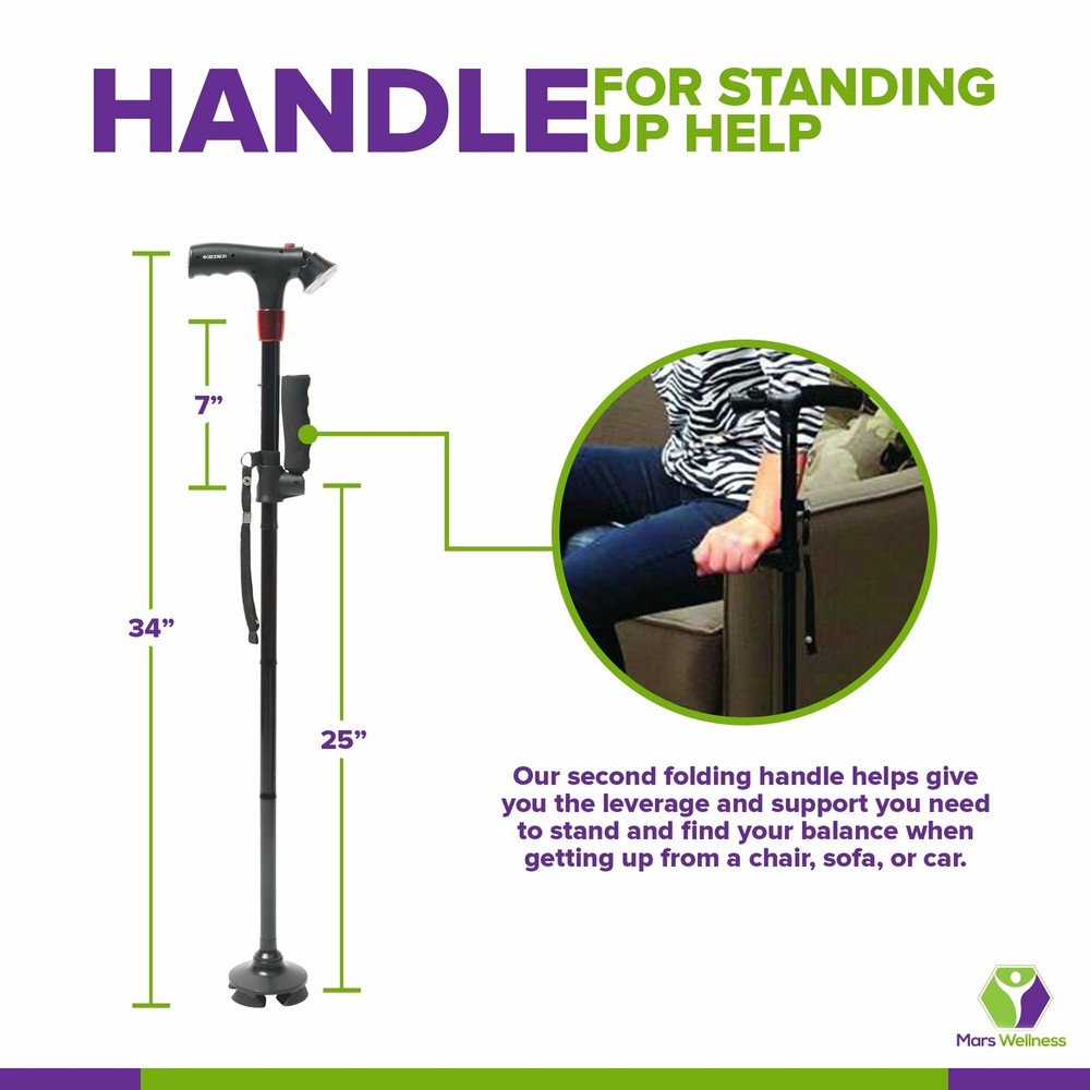 NEW Lightweight Folding Cane with LED Flashlight Flexible Cane Tip, EXTRA Handle