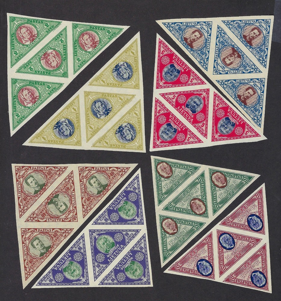 Lithuania C71-8 triangular blocks of 4 Imperf, MNH
