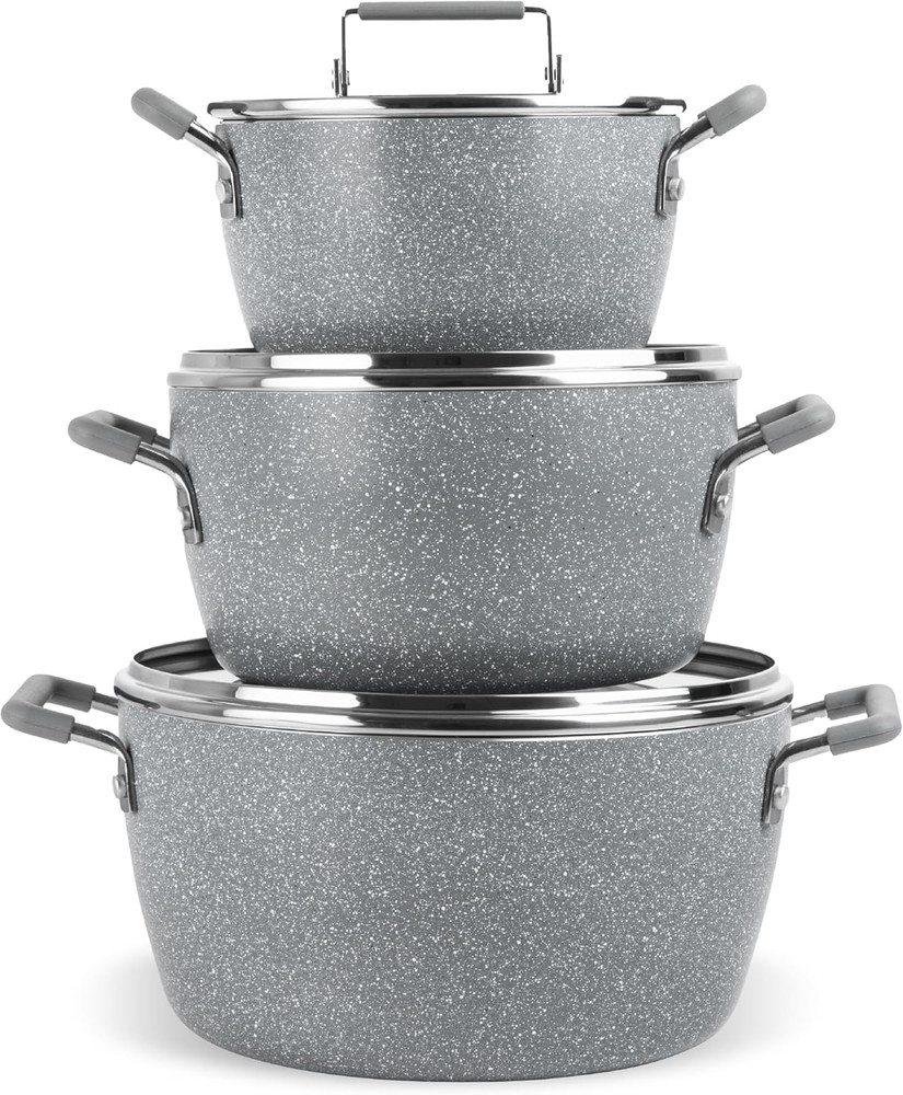 Gray Pots and Pans Set Nonstick, 6 Stackable Piece Cooking Pots Set, Kitchen Pot