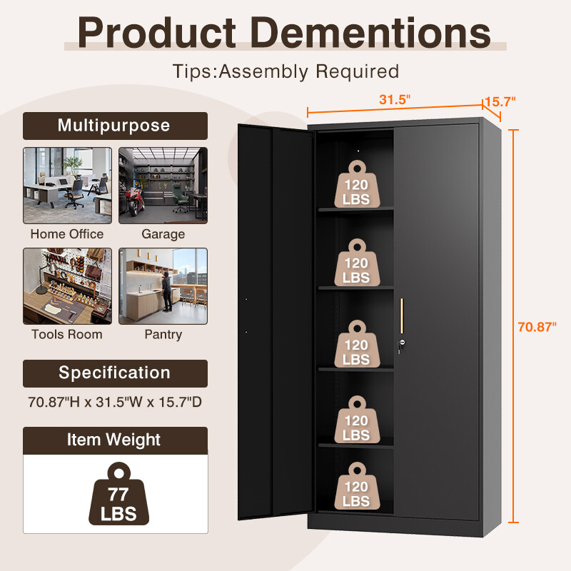71" Metal Storage Cabinet with long handle and adjustable shelves,Lock for Home