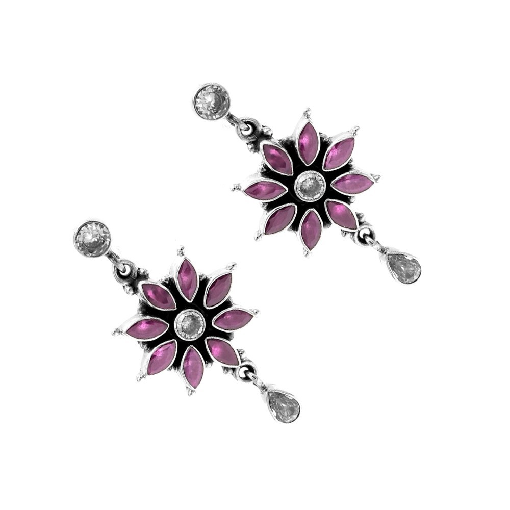 Natural Ruby , Zircon Flower Earring Stud 925 Sterling Silver , Wedding Earring