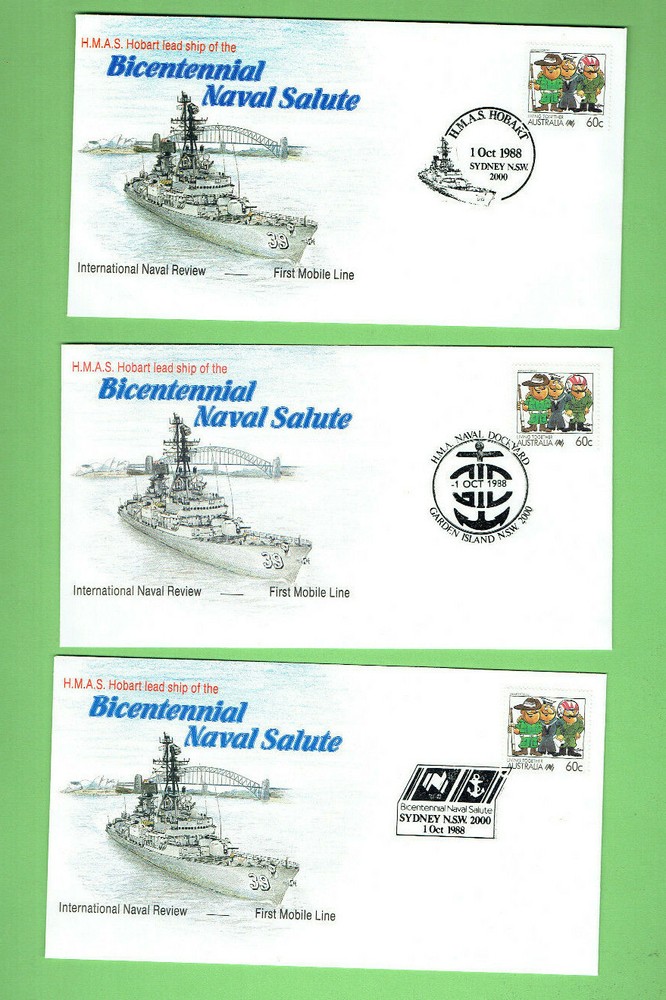 #SS.   THREE  1988 ENVELOPE COVERS - H.M.A.S HOBART  BICENTENNIAL NAVAL SALUTE