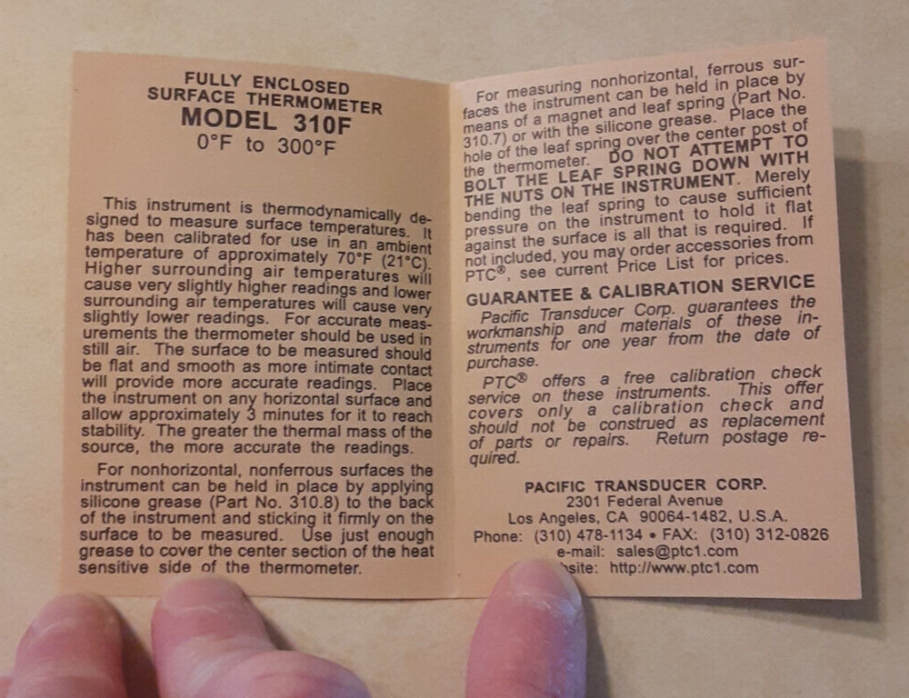 PTC Instruments 310F Surface Thermometer 0-300F Degrees Vintage Model w/ Case