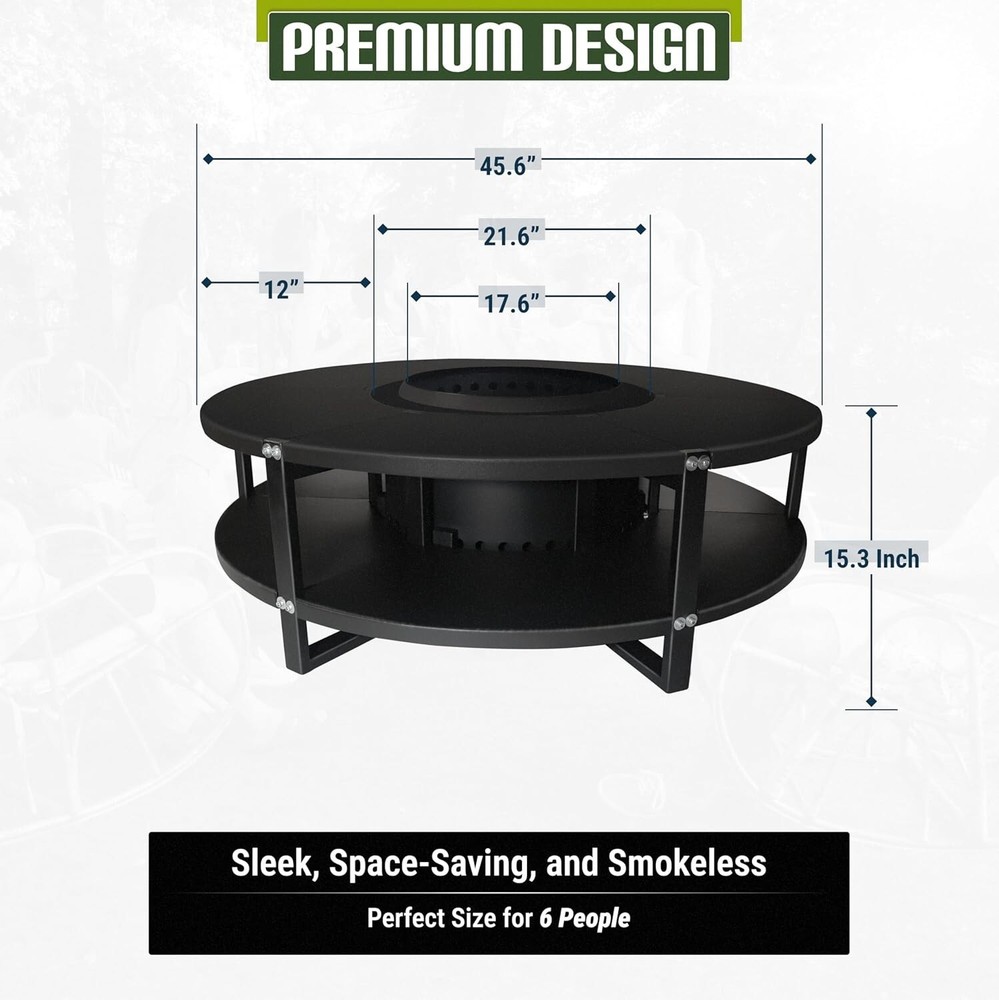 FEBTECH 21.6" Smokeless Fire Pit with Round Tabletop & Firewood Storage Shelf